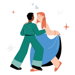Dancing Couple In Elegant Attire In Flat Vector Illustration Symbolizing Romance, Passion, And Celebration, Isolated On White Background