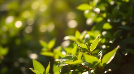 Obraz premium Fresh Green Leaves Glowing in Sunlight on a Bush in Spring