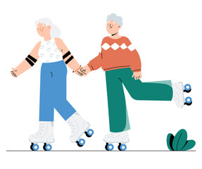 Elderly Couple Holding Hands While Roller Skating In Flat Vector Illustration Symbolizing Active Lifestyle, Happiness, And Healthy Aging, Isolated On White Background.