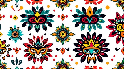 Fototapeta premium Vibrant Tribal Pattern: A seamless pattern featuring bold, colorful stylized animal faces and floral elements, reminiscent of tribal art. Perfect for textiles, fashion, and vibrant designs.