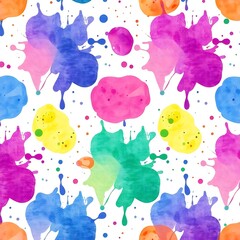 Rainbow Watercolor Splashes: A vibrant, seamless pattern of colorful watercolor splashes in shades of pink, purple, blue, green, yellow and orange, creating a playful and energetic design. 