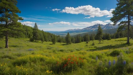 Lush Green Meadow With Wildflowers and Distant Mountains Under a Clear Blue Sky