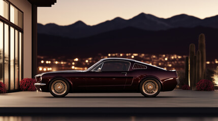 Fototapeta premium A classic 1960s muscle car parked in front of a modern home with a city skyline in the background, showcasing its timeless design and power. Ideal for automotive advertisements, vintage car promotions