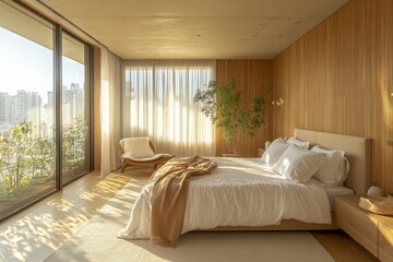 Cozy modern bedroom with large windows and natural light in a city apartment
