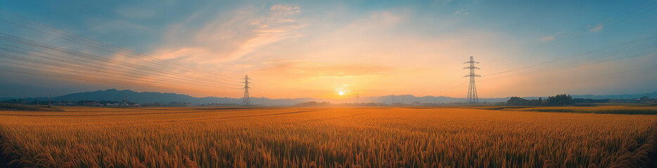 Fototapeta premium Golden Rice Field at Sunset with Power Lines and Distant Mountains
