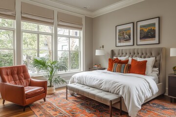 Fototapeta premium Cozy bedroom with natural light, elegant decor, and warm color accents in a modern home setting
