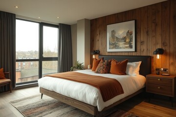 Modern bedroom design featuring wooden accents and warm colors in a city apartment