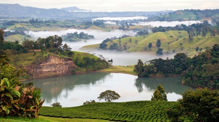 Obraz premium Misty mountain lake view over tea plantations