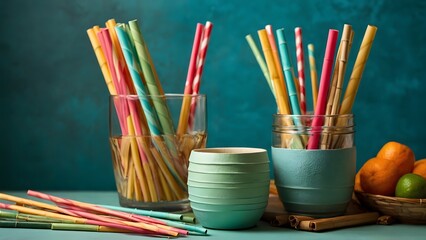Obraz premium Colorful Reusable Straws Arranged in Glasses and Bowls on a Teal Background in a Bright Kitchen Setting