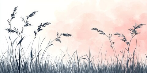 Watercolor Background With Abstract Grass,Pink, Gray, And White, Minimalist Design, Soft And Airy.