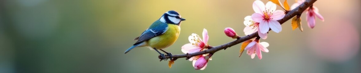 Blue tit clings to branch, spring blossom blurred background, blossom, vibrant blue, garden bird