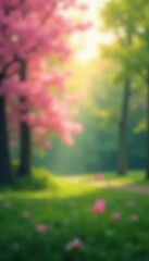 Naklejka premium Blurred green and pink bokeh, glowing spring feel, blue, texture, blossom