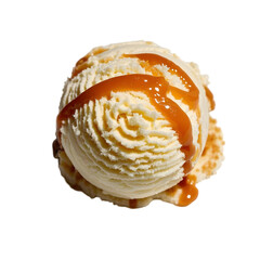 Ice cream with caramel topping and caramel crumbs on transparent background