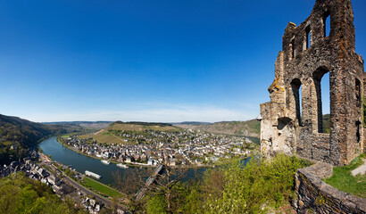 Panoramic view of Traben-Trarbach on the Mosel river and the ruins of Grevenburg castle