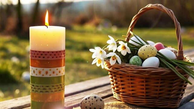 Easter Candle and Decorative Egg Basket in a Serene Spring Setting.