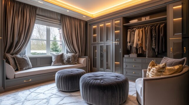 Luxurious walk in closet showcases elegant design and decor