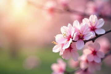 Obraz premium Blurred spring blossoms, sunlit bokeh, pastel hues , blossoms, modern, design