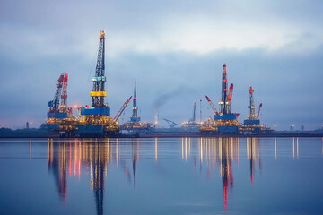 Obraz premium Brightly illuminated oil rigs reflect on calm water at twilight in an offshore oil field