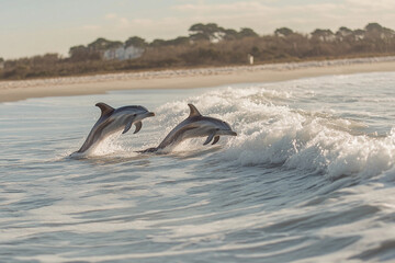 Obraz premium Dolphins playfully leap over waves while frolicking near the shore on a sunny day