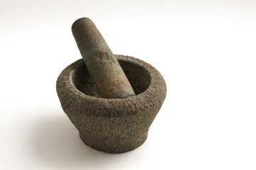  vintage stone mortar and pestle isolated on white background