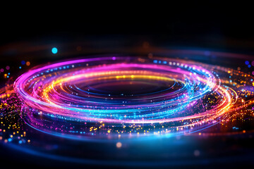 Obraz premium Glowing sunburst chart with radiating colorful rings on dark background, with subtle light trails creating a futuristic and dynamic visual effect