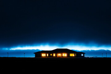First rays of sunlight illuminate a quiet house at dawn on the horizon