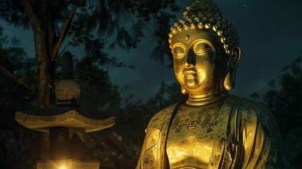 Fototapeta premium A golden Buddha statue at night with a lantern lit behind it.