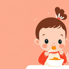 Adorable toddler enjoying delicious meal in whimsical illustration for children's book or nursery decor