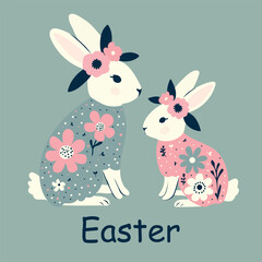 Floral illustration of cute bunny, delicate flowers, created for Easter. The body of the bunny is beautifully decorated with many bright, colorful flowers, isolated on an olive background, postcard
