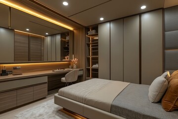 Fototapeta premium Modern and minimalist bedroom design with warm lighting and stylish furnishings in a contemporary apartment