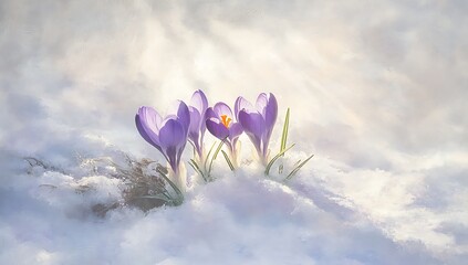 Serene Spring Awakening Purple Crocuses Bloom Amidst Melting Snow Bathed in Soft Sunlight Symbolizing Hope and Renewal in a Peaceful Scene