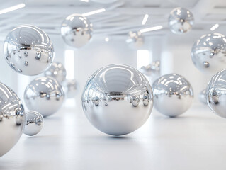 A vast, empty white space with levitating chrome spheres of different sizes