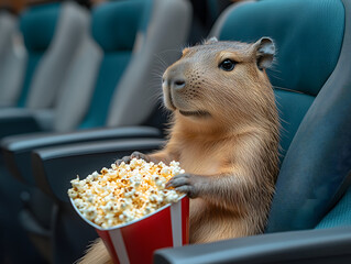 Capybara Sitting on a Chair and Eating Popcorn at the Movie Theater
