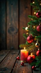 Wooden background with Christmas tree ornaments and candles, Christmas trees, ornaments, twinkle