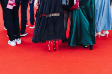 Red carpet with ropes and golden barriers on a luxury party entrance, cinema tv premiere film...