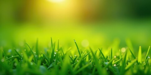 Obraz premium Close-up dew drops on blades of spring grass in sunlit meadow , detail, spring, spring