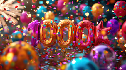 Gratitude, achievement, social media success. Celebration for reaching 1000k followers or subscribers, with colorful decorations, balloons, and a joyful atmosphere