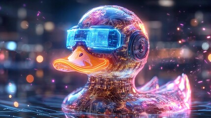Futuristic cyberpunk rubber duck with neon accents and high-tech features