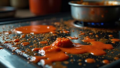 Close-up of a cluttered, greasy stove with sauce splatters; warm lighting emphasizes the grime , home, warm light