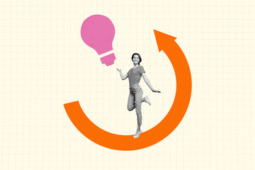 Art 3d sketch photo image collage of happy businesswoman run arrow development path light bulb idea...
