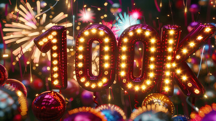 Celebration for reaching 100k followers or subscribers, with colorful decorations, balloons, and a joyful atmosphere. Concept of achievement, social media success, and gratitude.