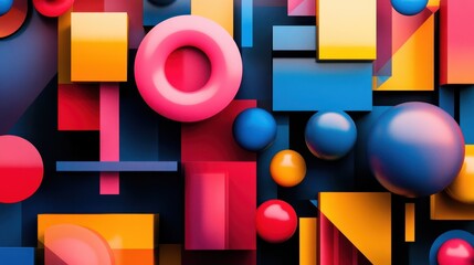 Colorful geometric shapes and spheres form a playful composition