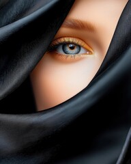 Fototapeta premium Close-Up of Beautiful Eye Framed by Dark Fabric in Soft Light