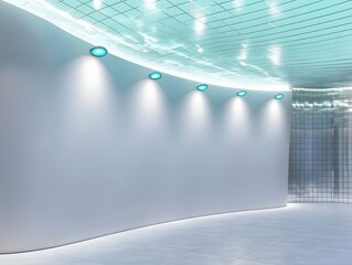 A curved white wall lit by five cyan spotlights in a futuristic pavilion with reflective metallic tiles and soft ambient ceiling lighting.