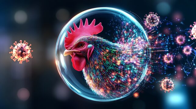 Symbolic illustration of a colorful chicken in a digital bubble with virus representations