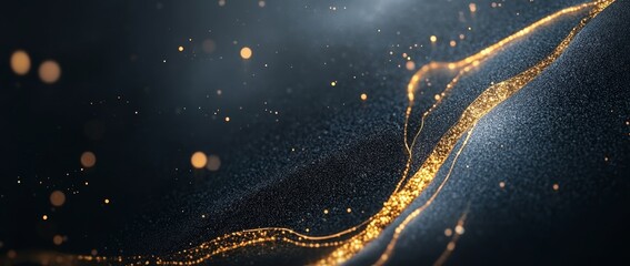 Luxurious abstract background featuring golden glitter on a black, shiny canvas creating a mystique design concept