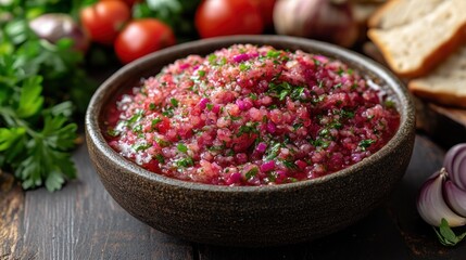 Bowl of vibrant beet relish, fresh herbs, sliced tomatoes, garlic, & bread on a rustic table
