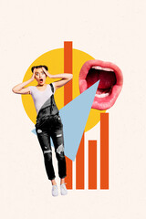 Trend image vertical photo collage of astonished employee girl listen loud scale mouth scream boss...