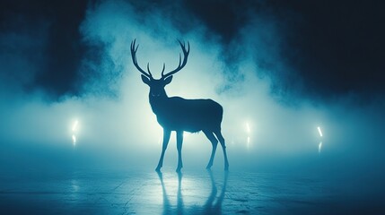 Majestic stag, night scene, neon lights, fog, fantasy