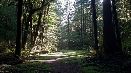 Obraz premium Sunlit forest path, moss-covered, tranquility, nature, background greenery, peaceful hiking scene